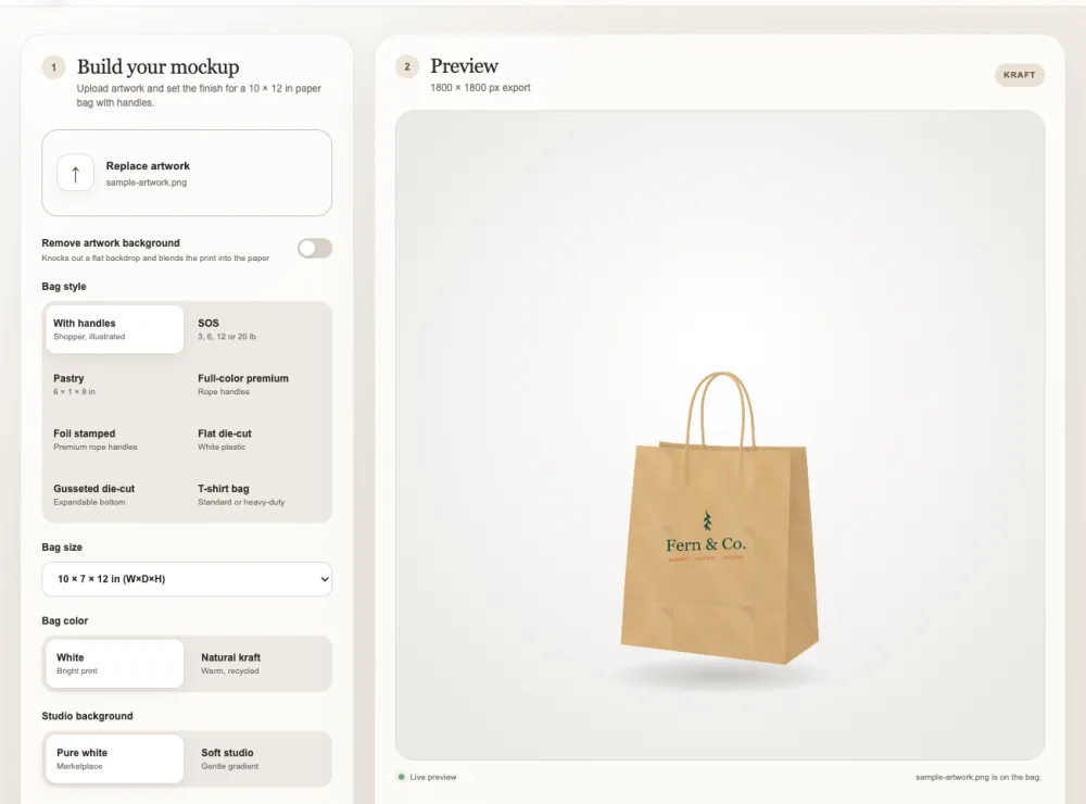 Mockup studio showing sample artwork on a white paper shopping bag
