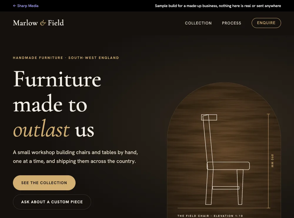 Home page of a sample furniture workshop website